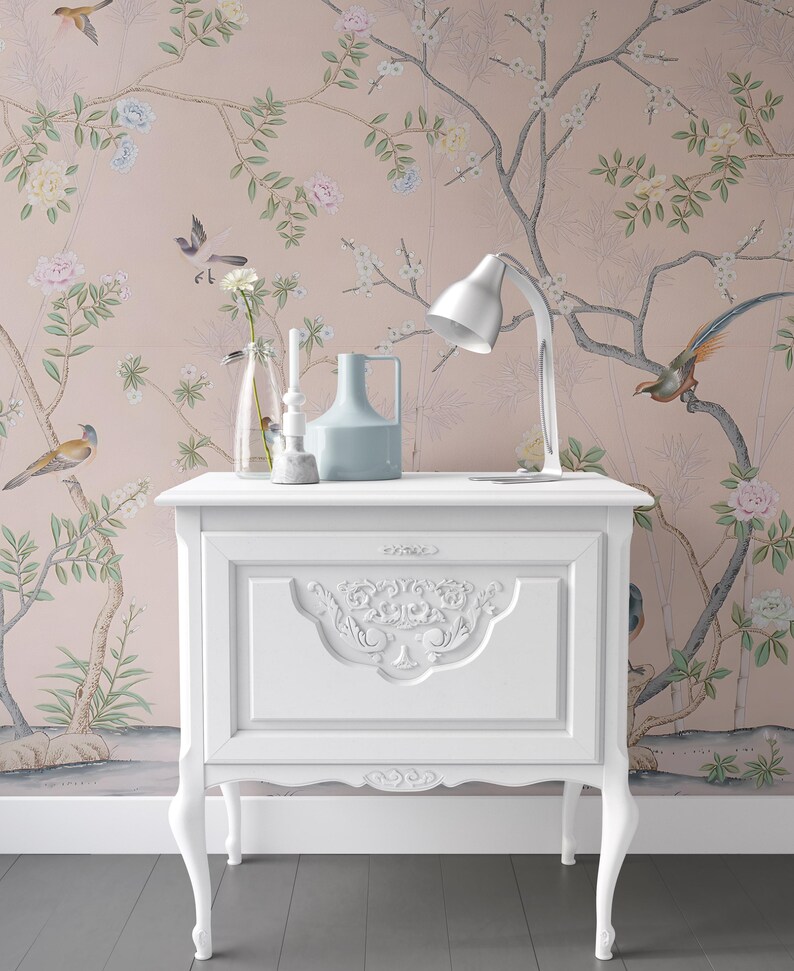 Chinoiserie-poppenhuisbehang: herenroze, zelfklevend en premium papier afbeelding 1