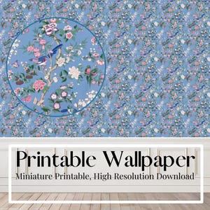 Papel pintado chinoiserie para casa de muñecas, diseño de flores de madera, color malva y azul, para jardín, miniatura 1/12, imprimible, descargable en formato A3, A4, tabloide y carta de EE. UU.