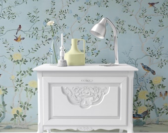 Dollhouse Wallpaper, Charming Chinoiserie, Light Blue Miniature Wallpaper with Floral and Bird Prints, Victorian Miniatures, 1:12 scale