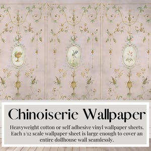Chinoiserie poppenhuis, handgeschilderd wandpaneel, muurschildering, grote naadloze vellen, zwaar katoen of zelfklevend behang, schaal 1/12