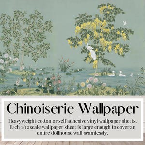 Behang poppenhuis, mintgroen, chinoiserie, zwaan, meer, handgeschilderde muurschildering, zwaar katoen en zelfklevend vinyl behang
