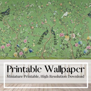 Tapete, Puppenhausminiatur, Chinoiserie, 1/12 Tapete, Apfelgrün, Pfau, 1/12, Miniatur, Hohe Auflösung, Printable, Herunterladen