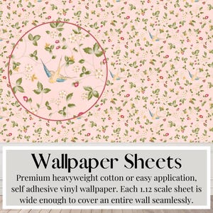 Feuilles de papier peint fraises des bois, rose poudré, motif peint à la main, miniatures, papier peint autocollant ou papier peint traditionnel en soie mate