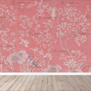 May include: A pink wallpaper with a floral pattern featuring white flowers, branches, and birds. The wallpaper is displayed in a room with a light wood floor.