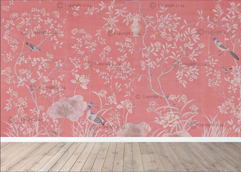 May include: A pink wallpaper with a floral pattern featuring white flowers, branches, and birds. The wallpaper is displayed in a room with a light wood floor.