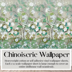 Poppenhuisbehang, Chinoiserie, Oosterse bloemen, Celadon, handgeschilderd, muurschildering, zwaargewicht katoen of zelfklevend behang, schaal 1/12