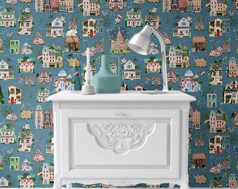 Dollhouse Wallpaper: French Blue Village, 1/12 Scale, Peel & Stick