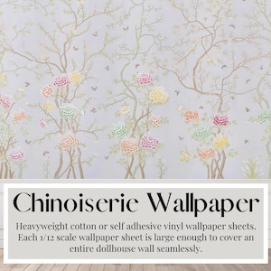 Chinoiserie poppenhuis, behangvellen, bloemen, lila hint, miniatuurdecoratie, zwaar katoen of zelfklevend vinyl behang