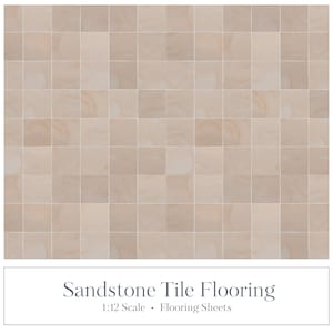 Pode incluir: Folhas de piso de ladrilho de arenito dispostas em um padrão de grade. Os ladrilhos são de cor bege claro com variações sutis de tom, criando uma aparência de pedra natural. O texto na imagem diz "Sandstone Tile Flooring 1:12 Scale Flooring Sheets."