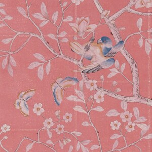 May include: A pink background with a white tree branch with white flowers and a blue and yellow bird perched on the branch. There are also two white butterflies on the branch.