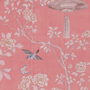 May include: A pink background with a white floral pattern and a blue bird flying. The flowers are in bloom and the bird is in flight. The background is a light pink color.
