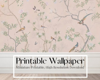 Dollhouse Chinoiserie Wallpaper Soft Pink, Antique effect,  1/12 Scale Miniature Printable Download