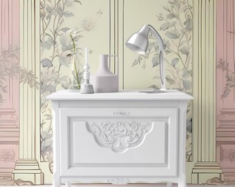 Handmålad Chinoiserie dockhustapet, rosa miniatyrväggpaneler, 1:12