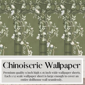 Vellen poppenhuisbehang, tuinlatten, olijfgroen, handgeschilderde muurschildering, chinoiserie, zwaar katoen of zelfklevend behang