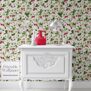 Dollhouse Wallpaper: Strawberry Patch & Bumble Bee Miniature Decor (Printable Download)