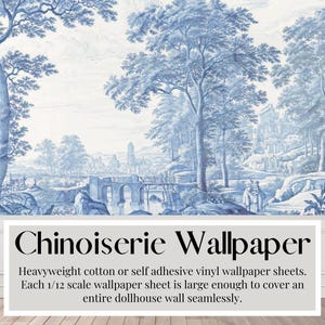 Chinoiserie poppenhuis, landelijk landschap, Frans blauw, landschap, muurschildering, grote naadloze lakens, zwaar katoen of zelfklevend behang