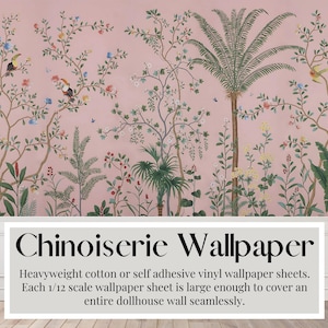 Papier peint maison de poupée, toucan, jungle, chinoiseries, vieux rose, autocollant, papier cartonné, feuilles de format tabloïd A3/US, papier peint miniature, 1/12