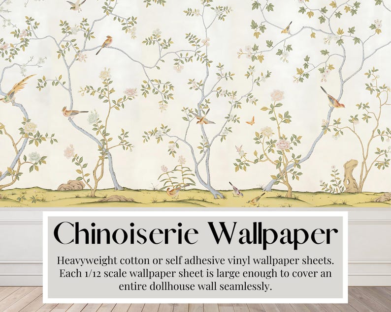 May include: Chinoiserie wallpaper featuring a delicate floral pattern with birds and branches. Each sheet is 1/12 scale and large enough to cover an entire dollhouse wall.