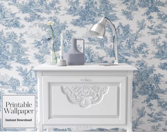 Dollhouse Toile Wallpaper: Blue Victorian Miniature (Printable Download)
