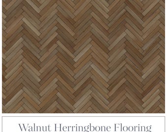 Puede incluir: Láminas de suelo de espiga de nogal a escala 1:12. El suelo presenta un patrón de espiga repetido en tonos marrones y beiges. La imagen incluye el texto "Walnut Herringbone Flooring" y "1:12 Scale Flooring Sheets".