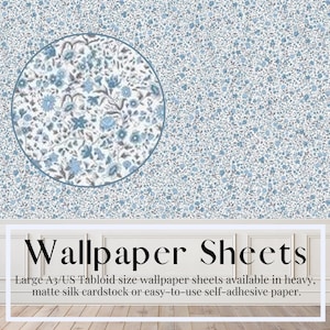 Vellen poppenhuisbehang, vrijheidsblauw, blauwe korenbloemen | Peel & Stick-papier | Mat karton | Vellen A3/US tabloidformaat, schaal 1/12