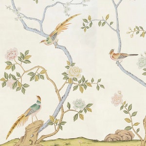 May include: A white background with a blue, green, and brown floral pattern. The pattern includes birds, flowers, and branches. The flowers are white, pink, and green.