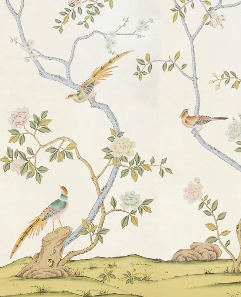 May include: A white background with a blue, green, and brown floral pattern. The pattern includes birds, flowers, and branches. The flowers are white, pink, and green.