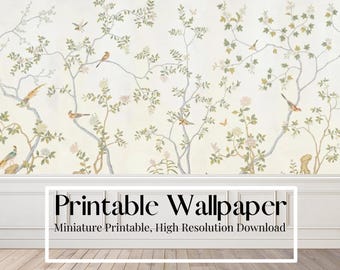 Dollhouse Chinoiserie Wallpaper Gold Rose Garden White Gold 1/12 Scale Miniature High Resolution Printable Download