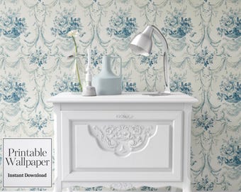 May include: A white nightstand with a floral design on the front, set against a backdrop of blue and white floral wallpaper. A silver desk lamp, a vase, and other decorative items sit on top of the nightstand. The text "Printable Wallpaper Instant Download" is in the lower left corner.