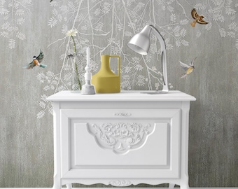 Dollhouse Wallpaper: Grey Silver Birds Chinoiserie, 1/12 Scale (Peel & Stick)