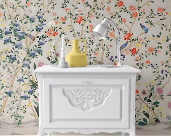 Dollhouse Wallpaper: White Roses Chinoiserie, 1/12 Scale (Peel & Stick or Card Stock)