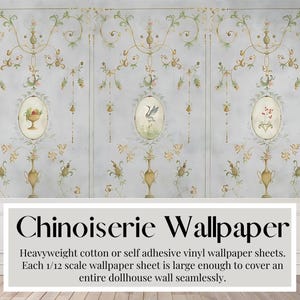 Chinoiserie poppenhuis, handgeschilderd wandpaneel, muurschildering, grote naadloze vellen, zwaar katoen of zelfklevend behang, schaal 1/12
