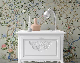 Chinoiserie Dollhouse Wallpaper: Adam Grey, Pink Roses, 1/12 Scale