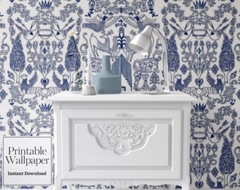 May include: A white nightstand with carved detailing stands against a wall covered in blue and white wallpaper featuring repeating patterns of mythical creatures, birds, and architectural motifs. Text on the left reads Printable Wallpaper Instant Download.