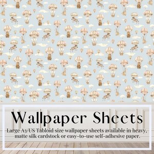 Behang poppenhuis, kinderkamer, zoete safarilucht, ballonnen, dieren | Peel & Stick-papier | Matzijden karton | Grote vellen, schaal 1/12