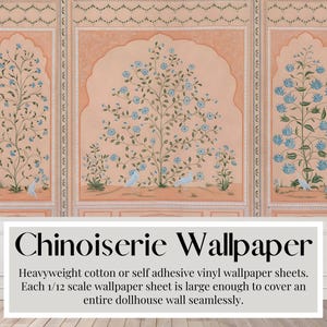 Vellen poppenhuisbehang, blush oranje, wandpanelen, chinoiserie, handgeschilderd, zwaar katoen of zelfklevend vinyl, 1/12
