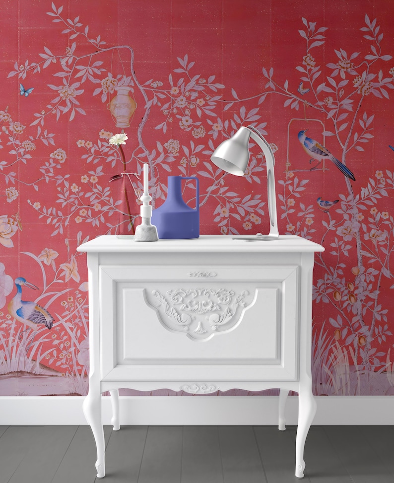 Dollhouse Wallpaper: Pink Chinoiserie, 1/12 Scale (Peel & Stick or Card Stock) image 1