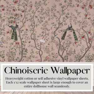 Vellen poppenhuisbehang, antiek roze, chinoiserie, pauw, miniatuurhuis, zwaargewicht katoen of zelfklevend vinyl, 1/12