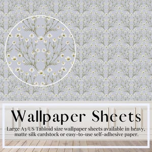 Wild Meadow Wallpaper Sheets, Daisy Damask, Dusty Blue, Miniatures, Peel & Stick Wallpaper or Traditional Matte Silk Wallpaper, 1/12
