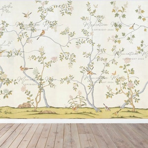 May include: A cream-colored wallpaper with a delicate floral pattern featuring branches, leaves, and birds. The wallpaper has a subtle yellow border at the bottom and a wood floor below.