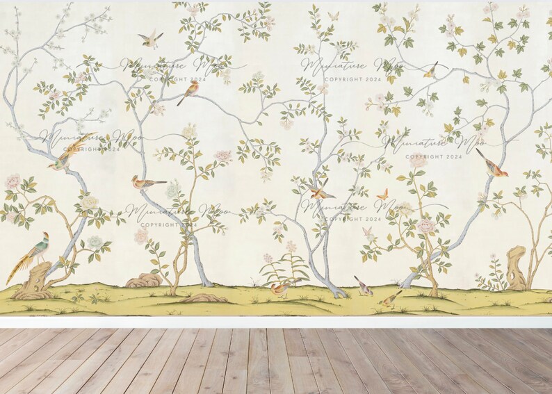 May include: A cream-colored wallpaper with a delicate floral pattern featuring branches, leaves, and birds. The wallpaper has a subtle yellow border at the bottom and a wood floor below.