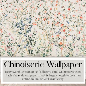 Arkusze tapety do domku dla lalek, białe róże, chinoiserie | Papier samoprzylepny | Matowy karton | Arkusze w formacie A3/US Tabloid, skala 1/12