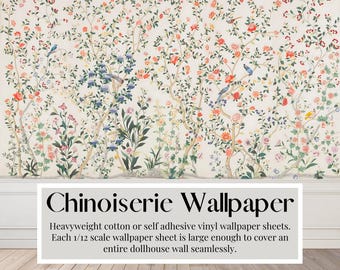 Dollhouse Wallpaper Sheets, White Roses, Chinoiserie | Peel & Stick Paper | Matte Card Stock | A3/US Tabloid size sheets, 1/12 scale