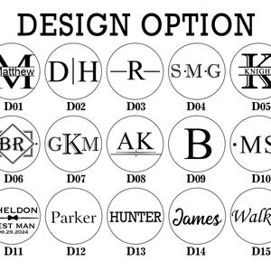May include: A graphic showing 15 different design options for a personalized stamp. Each option features a different combination of initials, names, and text. The options are labeled D01 through D15.