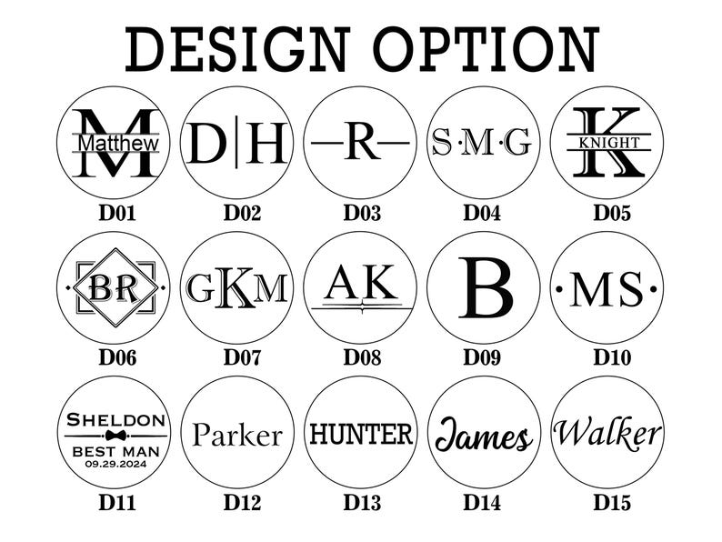 May include: A graphic showing 15 different design options for a personalized stamp. Each option features a different combination of initials, names, and text. The options are labeled D01 through D15.