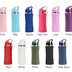 May include: A collection of colorful water bottles in various shades, including pink, sky blue, azure, hot pink, lilac, purple, red, white, army green, black, and Yale blue. Each bottle has a matching lid and a silver carabiner clip.
