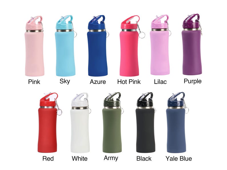May include: A collection of colorful water bottles in various shades, including pink, sky blue, azure, hot pink, lilac, purple, red, white, army green, black, and Yale blue. Each bottle has a matching lid and a silver carabiner clip.