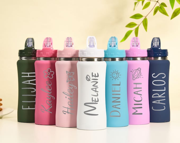 Personalized Engraved Kids Water Bottle 12oz Stainless Steel Tumbler for First Birthday Party Back to School Christmas Gift for Toddlers