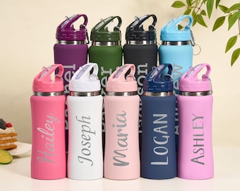 Botellas de agua grabadas con pajita, botella de agua infantil con aislamiento personalizado, botella de agua con nombre grabado, regalo para deportistas, regalo de vuelta al cole.