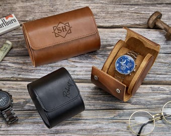 Personalized Leather Watch Case, Watch Roll for 2 Watches, personalized gifts for Husband Boyfriend, 5th Anniversary Gifts,Father's Day gift